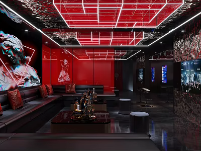 Modern KTV Interior Design Featuring Red Decor Sofa And Large TV Screen 3d model