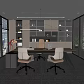 Modern Office Interior Featuring Long Desk Ergonomic Chairs Wooden Bookshelves And Large Windows