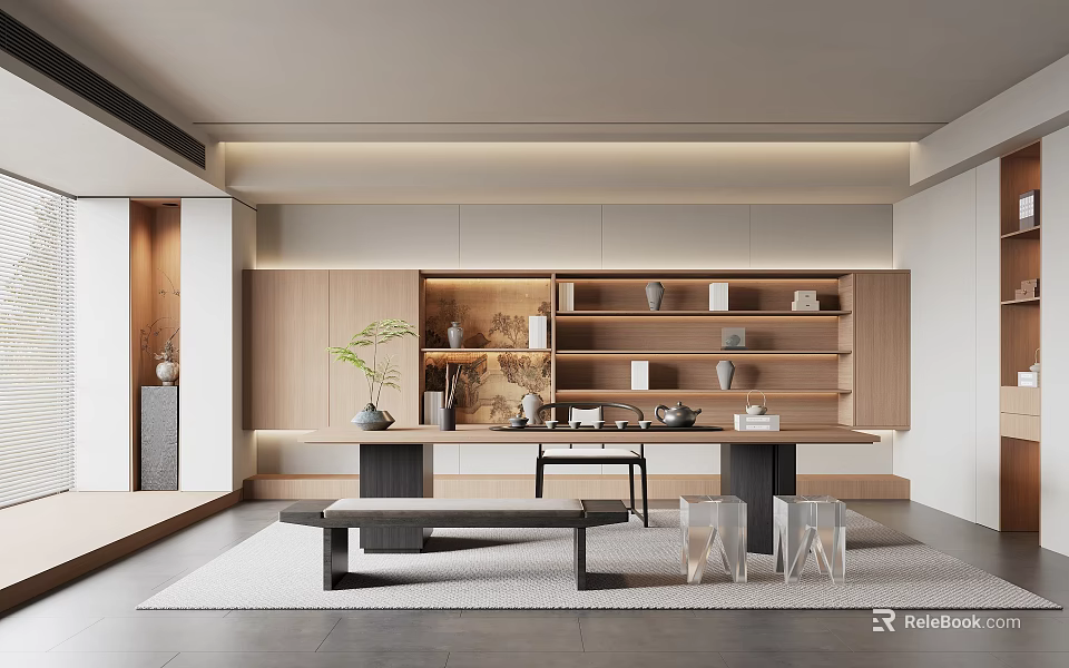 Modern Tea Room Interior Design With Wooden Shelves Tea Sets And Green Plants 3d model 