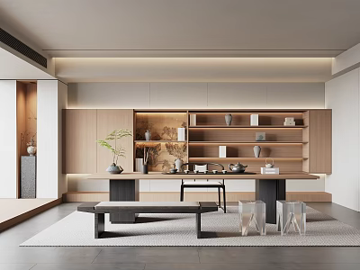 Modern Tea Room Interior Design With Wooden Shelves Tea Sets And Green Plants 3d model