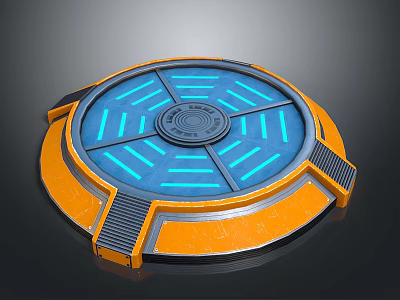 Futuristic Circular Platform With Orange Rim Blue Glowing Lines And Central Emblem 3d model