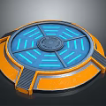 Futuristic Circular Platform With Orange Rim Blue Glowing Lines And Central Emblem