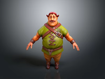 Chubby Fantasy Character In Green Tunic With Red Hair Brown Straps And Arm Bands 3d model