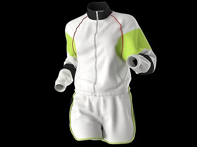 White Sports Tracksuit With Green Sleeves Long Sleeve Zip Up Top And Red Trim Shorts 3d model