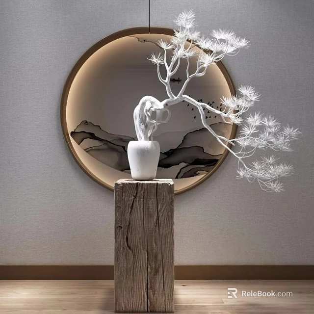 White Bonsai Tree With Curved Trunk White Leaves On Wooden Pedestal And Circular Background 3d model 
