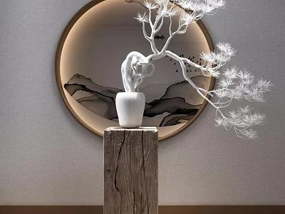 White Bonsai Tree With Curved Trunk White Leaves On Wooden Pedestal And Circular Background 3d model