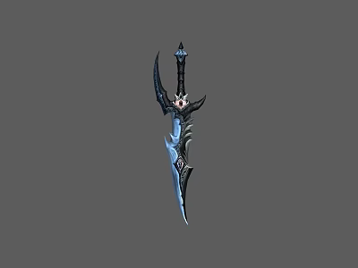 3D Fantasy Sword With Blue Blade Black Hilt And Ornate Decorative Guard Design 3d model