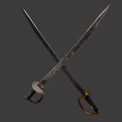 Two Crossed Antique Swords With Metallic Blades And Golden Hilt Design 3d model