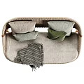 Stylish Two Seater Sofa with Rattan Frame Wooden Legs Green Pillows and Throw Blanket