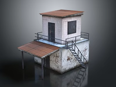 Old Stone Guardhouse With Red Roof Railed Platform And Metal Staircase 3d model
