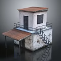 Old Stone Guardhouse With Red Roof Railed Platform And Metal Staircase