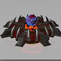 Futuristic Mechanical Building With Central Blue Red Sphere Metallic Spiked Structure And Illuminated Base