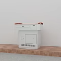 White Functional Desk Featuring Red And Gray Countertop Drawer Cabinet And Vent