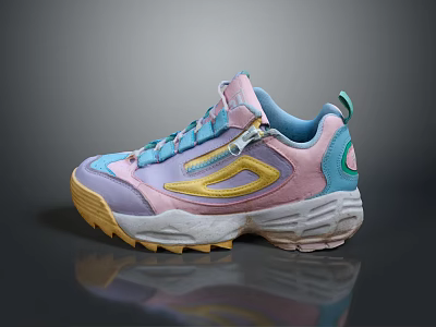 Pastel Colored Retro Sneakers With Chunky Yellow Sole And Blue Pink Purple Accents 3d model