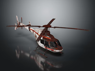Red And White Weathered Helicopter With Rotors On Smooth Surface Reflection 3d model