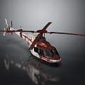 Red And White Weathered Helicopter With Rotors On Smooth Surface Reflection