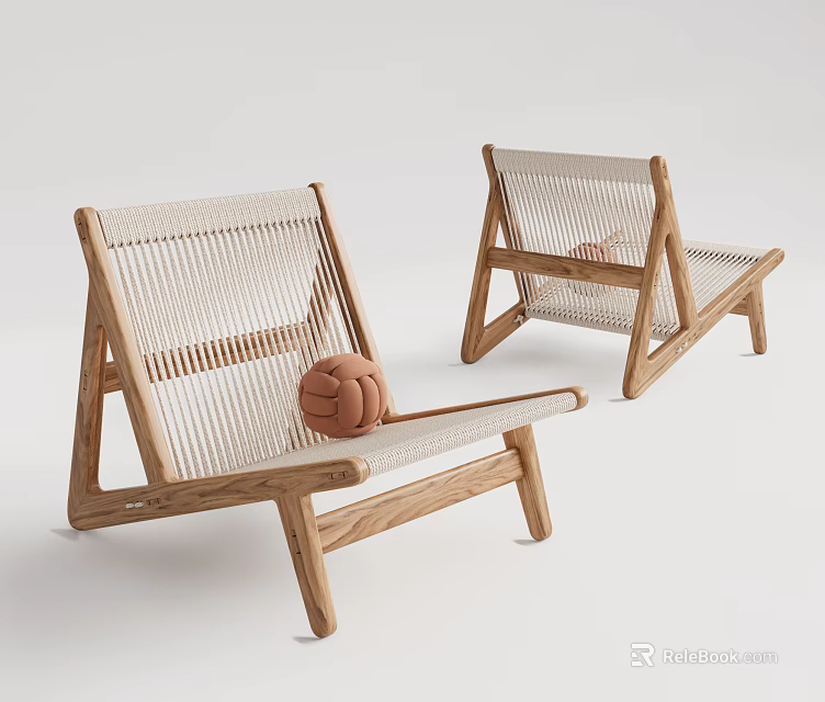 Stylish Wooden Frame Leisure Chairs With Woven Seat Backrest And Decorative Brown Ball Accent 3d model 