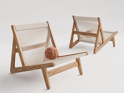 Stylish Wooden Frame Leisure Chairs With Woven Seat Backrest And Decorative Brown Ball Accent 3d model