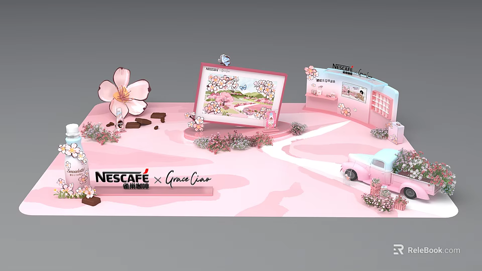 Nescafe Sakura Collaboration Exhibition Display With Pink Decor And Themed Elements 3d model 