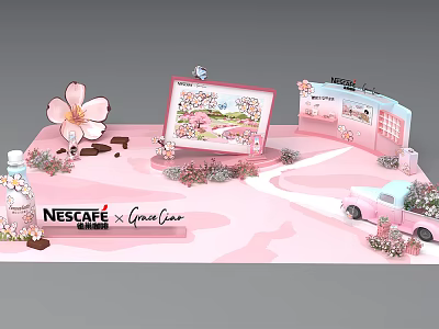 Nescafe Sakura Collaboration Exhibition Display With Pink Decor And Themed Elements 3d model