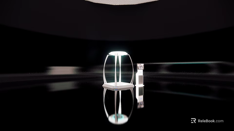 Transparent Table Lamp And Small Decor On Black Surface With Illuminated Light And Reflection 3d model 