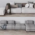 Modern Modular Sectional Sofa Set With Gray Fabric Pillows And Throw Blanket 3d model