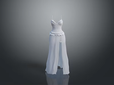 Elegant White Fashion Dress With Spaghetti Straps Fitted Bodice And Split Skirt 3d model
