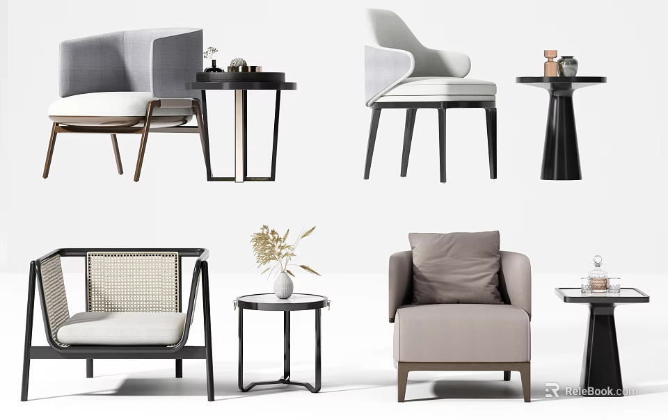 Modern Leisure Sofa Set with Various Styles Matching Side Tables and Decorative Items 3d model