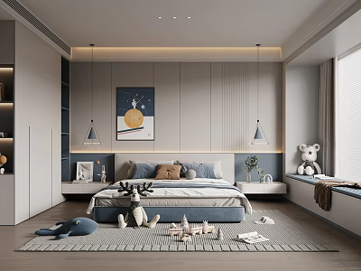 Modern Kids Room Interior Design With Pendant Lights Teddy Bear Deer Toy And Wall Painting 3d model