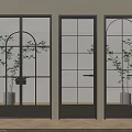 Modern Hinged Doors with Black Frames Glass Grid Design and Green Plants Interior 3d model