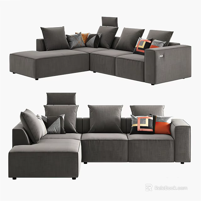 Modern Gray Sectional Sofa With Multiple Decorative Pillows And Spacious Seating 3d model