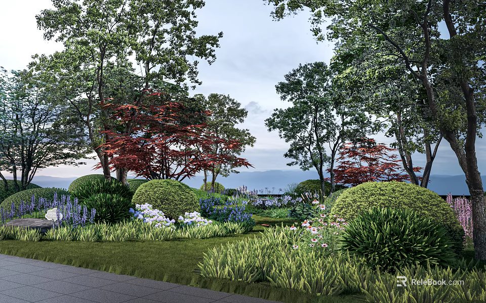 Lush Well Maintained Shrubs In Garden Landscape With Lawn And Colorful Flowers 3d model 