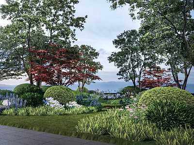 Lush Well Maintained Shrubs In Garden Landscape With Lawn And Colorful Flowers 3d model