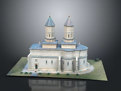 Historic Building Model With Two Spired Towers Circular Structure And Grass Base With Small Shrubs 3d model