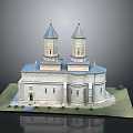 Historic Building Model With Two Spired Towers Circular Structure And Grass Base With Small Shrubs