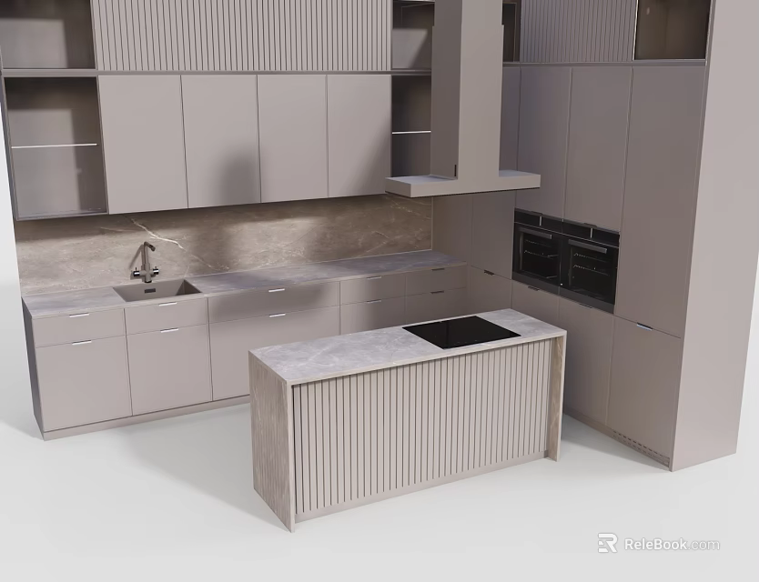 Sleek Modern Kitchen Interior With Gray Cabinets Marble Island And Countertop 3d model 