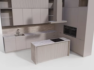 Sleek Modern Kitchen Interior With Gray Cabinets Marble Island And Countertop 3d model