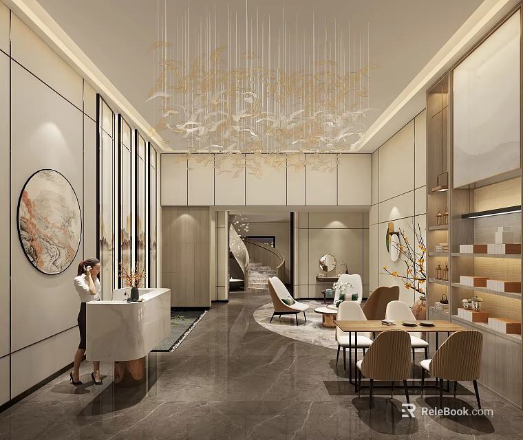 Elegant Beauty Hair Salon Interior With Modern Chandelier Comfortable Seating And Reception Desk 3d model 