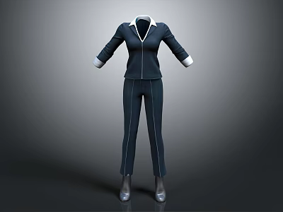 Professional Dark Blue Suit Outfit With White Collar Cuffs And Zipper Details 3d model