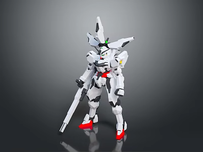 White Game Movie Robot Character With Red Feet Green Eyes And Long Spear 3d model