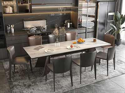 Elegant Modern Dining Table Set with Gray Chairs and Kitchen Background Vase and Fruit 3d model
