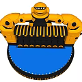 Yellow Robot Shaped Amusement Ride With Blue Circular Base And Black Striped Seats