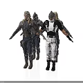 Group of Armored Fantasy Characters in Dark and White Armor with Weapons Standing Together