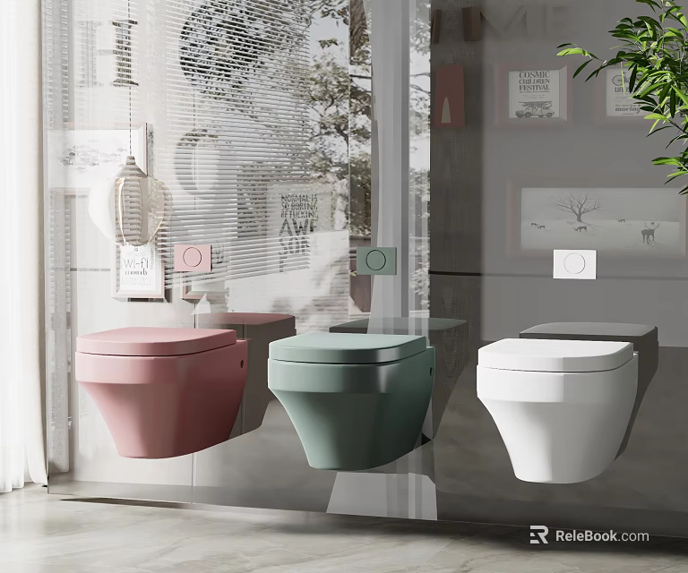 Modern Pink Green and White Toilets in Contemporary Bathroom Interior 3d model 