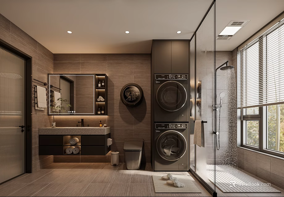 Modern Bathroom Interior With Stacked Washer Dryer Glass Shower Vanity Mirror And Window 3d model 