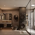 Modern Bathroom Interior With Stacked Washer Dryer Glass Shower Vanity Mirror And Window