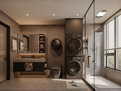 Modern Bathroom Interior With Stacked Washer Dryer Glass Shower Vanity Mirror And Window 3d model