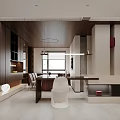 Modern Living and Dining Room Interior With Dark Wood Walls White Chairs And Gray Sofa