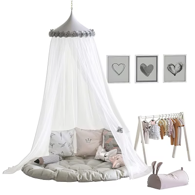 White Canopy Bed Curtain with Soft Pillows Stuffed Toys Heart Art and Baby Hanger 3d model