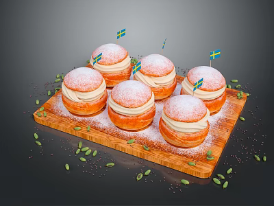 Delicious Swedish Desserts with Flags on Wooden Tray Topped with Powdered Sugar and Green Crumbs 3d model